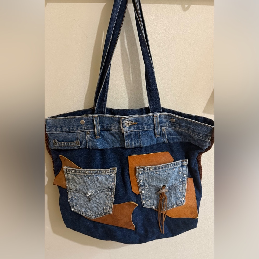 Denim and Brown Patchwork Tote Bag - great for a laptop - beach or any outing.